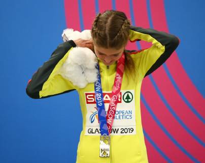 2nd March 2019, Emirates Arena, Glasgow, Scotland; European Athletics Indoor Championships, day 2; Konstanze Klosterhalfen (GER) with the silver medal for the women 3000m  ActionPlus12109878 VagelisxGeorgariou