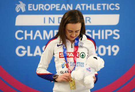 2nd March 2019, Emirates Arena, Glasgow, Scotland; European Athletics Indoor Championships, day 2; Laura Muir (GBR) looks at her gold medal for the women 3000m  ActionPlus12109879 VagelisxGeorgariou