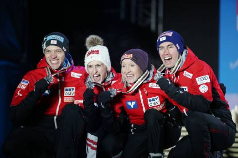 NORDIC SKIING - FIS Nordic World Ski Championships Seefeld 2019 SEEFELD,AUSTRIA,02.MAR.19 - NORDIC SKIING, Ski jumping Skispringen Ski nordisch - FIS Nordic World Ski Championships, Medal Plaza, award ceremony, mixed team event, normal hill. Image shows Philipp Aschenwald, Eva Pinkelnig, Daniela Iraschko-Stolz and Stefan Kraft (AUT). GEPAxpictures xPhilippxBrem