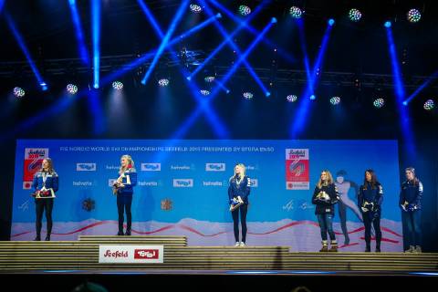 NORDIC SKIING - FIS Nordic World Ski Championships Seefeld 2019 SEEFELD,AUSTRIA,02.MAR.19 - NORDIC SKIING, CROSS COUNTRY SKIING - FIS Nordic World Ski Championships, Medal Plaza, award ceremony, 30km mass start, ladies. Image shows Ingvild Flugstad Oestberg (NOR), Therese Johaug (NOR), Frida Karlsson (SWE), Jessica Diggins (USA), Charlotte Kalla (SWE) and Ebba Andersson (SWE). GEPAxpictures xPhilippxBrem