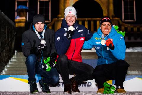 Biathlon, WM Östersund, 10km Sprint Herren, Siegerehrung 190309 lexander Loginov of Russia, Johannes Thingnes Bö of Norway and Quentin Fillon Maillet of France celebrates with their medals at the medal ceremony for the Men s 10 KM sprint during the IBU World Championships Biathlon on March 9, 2019 in Östersund. Photo: Petter Arvidson BILDBYRAN kod PA 92253 Copyright: PETTERxARVIDSON BB190309PA243
