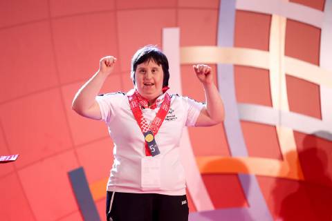 March 17, 2019 - Abu Dhabi, United Arab Emirates - Athlete from Belgium shows her emotions when receiving their medals during declaration ceremony at the Special Olympics World Games in Abu Dhabi National Exhibition Centre, United Arab Emirates on March 17, 2019. Special Olympics is a worldwide organization which organize sports competitions for people with learning difficulties. Summer World Games take place every 4 years. 7500 athletes from nearly 200 countries compete in 24 Olympic disciplines in Abu Dhabi Games in 2019. Special Olympics In Abu Dhabi 2019  - ZUMAn230 20190317_zaa_n230_722 Copyright: xDominikaxZarzyckax