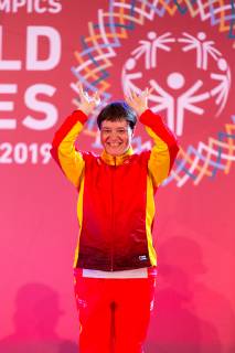 March 17, 2019 - Abu Dhabi, United Arab Emirates - Athlete from Spane shows her emotions when receiving their medals during declaration ceremony at the Special Olympics World Games in Abu Dhabi National Exhibition Centre, United Arab Emirates on March 17, 2019. Special Olympics is a worldwide organization which organize sports competitions for people with learning difficulties. Summer World Games take place every 4 years. 7500 athletes from nearly 200 countries compete in 24 Olympic disciplines in Abu Dhabi Games in 2019. Special Olympics In Abu Dhabi 2019  - ZUMAn230 20190317_zaa_n230_737 Copyright: xDominikaxZarzyckax