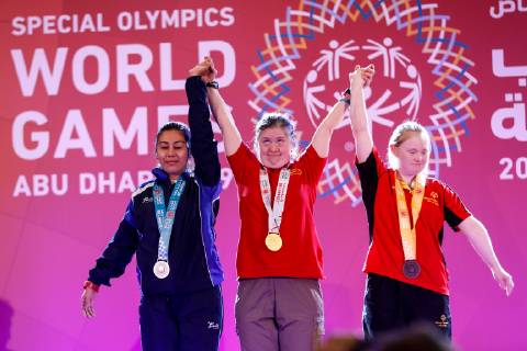March 17, 2019 - Abu Dhabi, United Arab Emirates - Athletes show their emotions when receiving their medals during declaration ceremony at the Special Olympics World Games in Abu Dhabi National Exhibition Centre. Special Olympics is a worldwide organization which organize sports competitions for people with learning difficulties. Summer World Games take place every 4 years. 7500 athletes from nearly 200 countries compete in 24 Olympic disciplines in Abu Dhabi Games in 2019. Special Olympics In Abu Dhabi 2019  - ZUMAn230 20190317_zaa_n230_721 Copyright: xDominikaxZarzyckax
