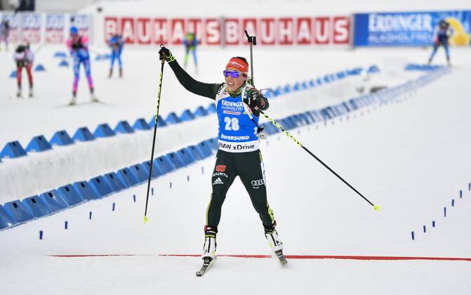 Laura Dahlmeier of Germany crosses the finish line during the women s 15 km individual competition at the IBU World Biathlon Championships in Oestersund, Sweden, on March 12, 2019. OESTERSUND SWEDEN BIATHLON x10070x