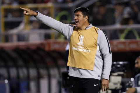 Futbol, Universidad Catolica vs Libertad. Copa Libertadores 2019 El entrenador de Libertad Jose Chamot, dirige a sus jugadores durante el partido contra Universidad Catolica por el grupo H de Copa Libertadores en el estadio San Carlos de Apoquindo. Santiago de Chile. 10 04 2019 Javier Torres Photosport Football, Universidad Catolica vs Libertad. Copa Libertadores Championchip 2019 Libertad s head coach Jose Chamot, gives intructions to his payers during group H for Copa Libertadores Championship against Universidad Catolica at San Carlos de Apoquindo stadium. Santiago, Chile. 10 04 2019 Javier Torres Photosport Universidad Catolica vs Libertad, Copa Libertadores 2019