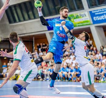 TVB 1898 Stuttgart - SC DHfK Leipzig Weiss, Dominik (TVB 1898 Stuttgart 6) beim Spiel in der Handball Bundesliga, TVB 1898 Stuttgart - SC DHfK Leipzig. Stuttgart. 21.04.19 Handball 27. Spieltag , Baden Wuerttemberg Deutschland