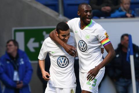 28.04.2019, xmeix, Fussball, 1. Bundesliga, TSG 1899 Hoffenheim - VfL Wolfsburg, emspor, v.l. Jubel zum Ausgleich zum 1:1 durch De Asevedo Furtado (VfL Wolfsburg) mit Josuha Guilavogui (VfL Wolfsburg) DFL regulations prohibit any use of photographs as image sequences and or quasi-video. 1. Fussball Bundesliga, TSG 1899 Hoffenheim - VfL Wolfsburg Sinsheim Copyright: xEIBNER Meiserx EP_MEIS