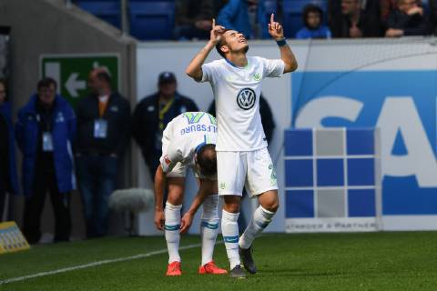 28.04.2019, xmeix, Fussball, 1. Bundesliga, TSG 1899 Hoffenheim - VfL Wolfsburg, emspor, v.l. Jubel zum Ausgleich zum 1:1 durch De Asevedo Furtado (VfL Wolfsburg) DFL regulations prohibit any use of photographs as image sequences and or quasi-video. 1. Fussball Bundesliga, TSG 1899 Hoffenheim - VfL Wolfsburg Sinsheim Copyright: xEIBNER Meiserx EP_MEIS
