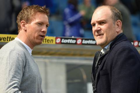 28.04.2019, xmeix, Fussball, 1. Bundesliga, TSG 1899 Hoffenheim - VfL Wolfsburg, emspor, v.l. Hoffenheims Trainer Julian Nagelsmann (TSG 1899 Hoffenheim) mit Wolfsburgs GF Sports Joerg Schmadtke DFL regulations prohibit any use of photographs as image sequences and or quasi-video. 1. Fussball Bundesliga, TSG 1899 Hoffenheim - VfL Wolfsburg Sinsheim Copyright: xEIBNER Meiserx EP_MEIS