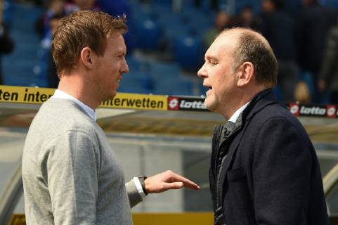28.04.2019, xmeix, Fussball, 1. Bundesliga, TSG 1899 Hoffenheim - VfL Wolfsburg, emspor, v.l. Hoffenheims Trainer Julian Nagelsmann (TSG 1899 Hoffenheim) mit Wolfsburgs GF Sports Joerg Schmadtke DFL regulations prohibit any use of photographs as image sequences and or quasi-video. 1. Fussball Bundesliga, TSG 1899 Hoffenheim - VfL Wolfsburg Sinsheim Copyright: xEIBNER Meiserx EP_MEIS