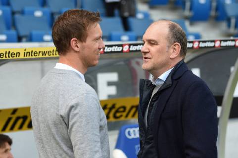 28.04.2019, xmeix, Fussball, 1. Bundesliga, TSG 1899 Hoffenheim - VfL Wolfsburg, emspor, v.l. Hoffenheims Trainer Julian Nagelsmann (TSG 1899 Hoffenheim) mit Wolfsburgs GF Sports Joerg Schmadtke DFL regulations prohibit any use of photographs as image sequences and or quasi-video. 1. Fussball Bundesliga, TSG 1899 Hoffenheim - VfL Wolfsburg Sinsheim Copyright: xEIBNER Meiserx EP_MEIS