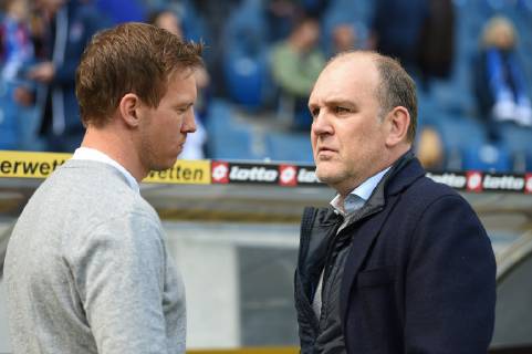 28.04.2019, xmeix, Fussball, 1. Bundesliga, TSG 1899 Hoffenheim - VfL Wolfsburg, emspor, v.l. Hoffenheims Trainer Julian Nagelsmann (TSG 1899 Hoffenheim) mit Wolfsburgs GF Sports Joerg Schmadtke DFL regulations prohibit any use of photographs as image sequences and or quasi-video. 1. Fussball Bundesliga, TSG 1899 Hoffenheim - VfL Wolfsburg Sinsheim Copyright: xEIBNER Meiserx EP_MEIS