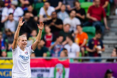 190518 Ada Hegerberg of Lyon celebrates after 3-0 during the UEFA Women s Champions League final match between Lyon and Barcelona on May 18, 2019 in Budapest. Photo: Jon Olav Nesvold BILDBYRAN kod JE 160443 Copyright: JONxOLAVxNESVOLD BB190518JE026