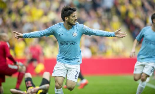David Silva of Manchester City celebrates scoring the opening goal during The FA Cup Final match between Manchester City and Watford at Wembley Stadium, London, England on 18 May 2019. Copyright: xSalvioxCalabresex 24040003