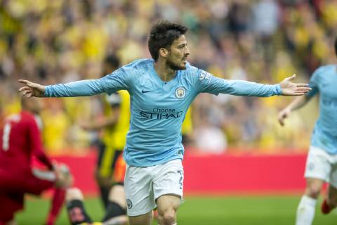 David Silva of Manchester City celebrates scoring the opening goal during The FA Cup Final match between Manchester City and Watford at Wembley Stadium, London, England on 18 May 2019. Copyright: xSalvioxCalabresex 24040004