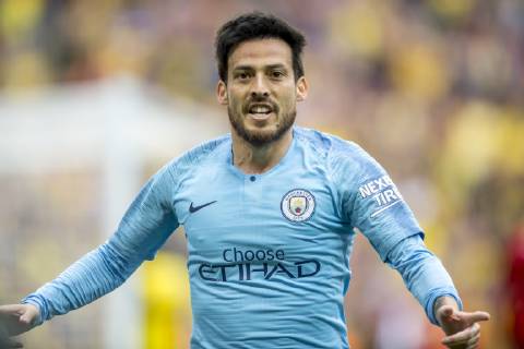 David Silva of Manchester City celebrates scoring the opening goal during The FA Cup Final match between Manchester City and Watford at Wembley Stadium, London, England on 18 May 2019. Copyright: xSalvioxCalabresex 24040007