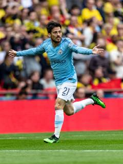 David Silva of Manchester City celebrates scoring the 1st goal during the FA CUP FINAL match between Manchester City and Watford at Wembley Stadium, London, England on 18 May 2019. Copyright: xAndyxRowlandx PMI-2832-0043