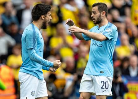 David Silva of Manchester City celebrates scoring the 1st goal with Bernardo Silva of Manchester City during the FA CUP FINAL match between Manchester City and Watford at Wembley Stadium, London, England on 18 May 2019. Copyright: xAndyxRowlandx PMI-2832-0047