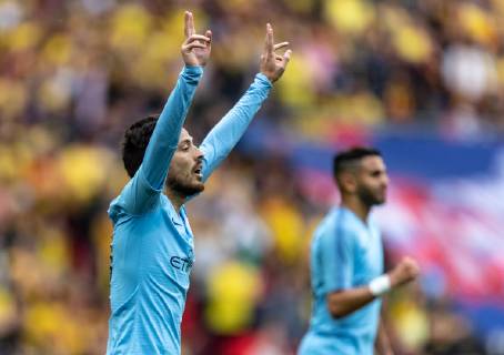 David Silva of Manchester City celebrates scoring the 1st goal during the FA CUP FINAL match between Manchester City and Watford at Wembley Stadium, London, England on 18 May 2019. Copyright: xAndyxRowlandx PMI-2832-0050