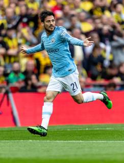 David Silva of Manchester City celebrates scoring the 1st goal during the FA CUP FINAL match between Manchester City and Watford at Wembley Stadium, London, England on 18 May 2019. Copyright: xAndyxRowlandx PMI-2832-0059