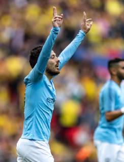 David Silva of Manchester City celebrates scoring the 1st goal during the FA CUP FINAL match between Manchester City and Watford at Wembley Stadium, London, England on 18 May 2019. Copyright: xAndyxRowlandx PMI-2832-0060