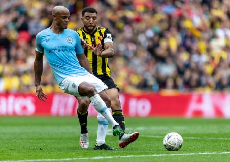 Vincent Kompany of Manchester City and Troy Deeney of Watford during the FA CUP FINAL match between Manchester City and Watford at Wembley Stadium, London, England on 18 May 2019. Copyright: xAndyxRowlandx PMI-2832-0161