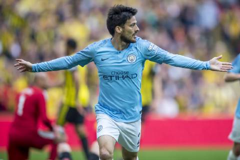 David Silva of Manchester City celebrates scoring the opening goal during The FA Cup Final match between Manchester City and Watford at Wembley Stadium, London, England on 18 May 2019. Copyright: xSalvioxCalabresex 24040068
