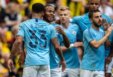 Raheem Sterling of Manchester City celebrates the 2nd goal scored by Gabriel Jesus of Manchester City during the FA CUP FINAL match between Manchester City and Watford at Wembley Stadium, London, England on 18 May 2019. Copyright: xAndyxRowlandx PMI-2832-0200