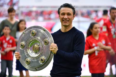 Niko KOVAC (Trainer Bayern Muenchen) mit Meisterschale,Schale, Jubel,Freude,Begeisterung, Einzelbild,angeschnittenes Einzelmotiv,Halbfigur,halbe Figur. Siegerehrung, Fussball 1. Bundesliga, 34.Spieltag,Spieltag34, Deutscher Meister, FC Bayern Muenchen (M) - Eintracht Frankfurt (F) 5-1,,am 18.05.2019 in Muenchen A L L I A N Z A R E N A, DFL REGULATIONS PROHIBIT ANY USE OF PHOTOGRAPHS AS IMAGE SEQUENCES AND OR QUASI-VIDEO.