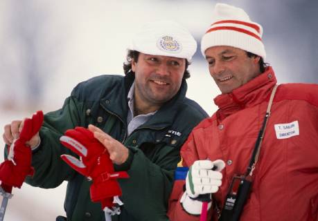 Ski Alpin Weltcup 1988 1989 Kitzbuehel: GRISSMANN, SAILER (AUT) Ski Alpin Weltcup 1988 1989 Kitzbuehel Prominentenrennen 14.01.1989 Werner GRISSMANN (links), Toni SAILER (rechts beide Oesterreich) Kitzbuehel Oesterreich
