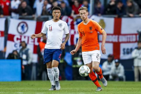 GUIMARAES, 06-06-2019, Estadio D. Afonso Henriques , UEFA Nations League Semi Final. (Left-right) England player Jadon Sancho, Netherlands player Frenkie de Jong during the game Netherlands - England Netherlands - England x3610692x Copyright: