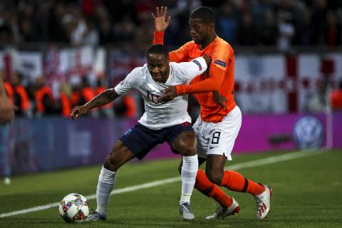 June 6, 2019 - Guimares, Portugal - Raheem Sterling of England and Manchester City FC and Georginio Wijnaldum of Netherlands and Liverpool Football Club during the UEFA Nations League Semi-Final football match Netherlands vs England at D.Afonso Henriques stadium in Guimares on June 6, 2019. ..( NurPhoto) Netherlands v England - UEFA Nations League Semi-Final - ZUMAn230 20190606_zaa_n230_580 Copyright: xFilipexAmorimx