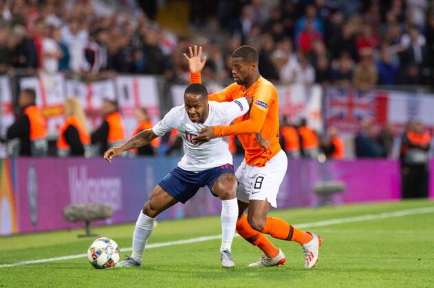 June 6, 2019 - Guimares, Portugal - Raheem Sterling of England and Georginio Wijnaldum of the Netherlands during the UEFA Nations League match between Netherlands and England at Estadio D. Afonso Henriques, Guimaro£es, Portugal on Thursday 6th June 2019. Netherlands v England - UEFA Nations League Semi-Final - ZUMAn230 20190606_zaa_n230_674 Copyright: xMixNewsx