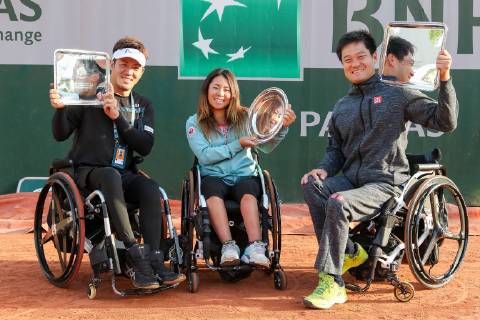 (L-R) Koji Sugeno, Yui Kamiji and Shingo Kunieda of Japan pose with the trophies during the trophy ceremony of the French Open wheelchair and quad wheelchair tennis tournament at the Roland Garros in Paris, France on June 8, 2019.  (105399099)