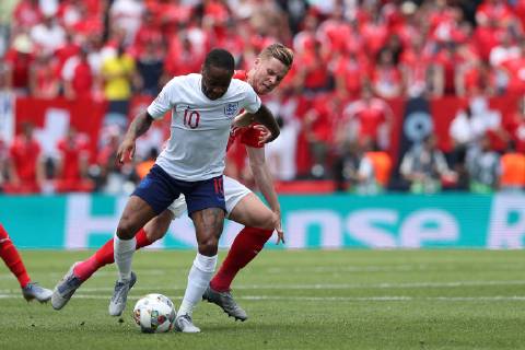 June 9, 2019 - Guimaraes, Portugal - Raheem Sterling of England (L) vies with Switzerland s defender Nico Elvedi (R ) during the UEFA Nations League Third-place football match between Switzerland and England, at the Dom Afonso Henriques stadium in Guimaraes, Portugal, on June 9, 2019. Switzerland vs England - UEFA Nations League Third-place match - ZUMAn230 20190609_zaa_n230_067 Copyright: xPedroxFiuzax