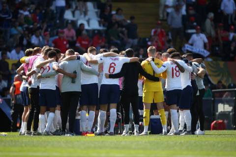 Switzerland v England UEFA Nations League 3rd Place Play-off The England players in the huddle before the penalty shoot out during the UEFA Nations League 3rd Place Play-off match at Estadio D. Afonso Henrique, Guimaraes Content Not Available For UK Newspapers Copyright: xPaulxChestertonx FIL-13338-0043