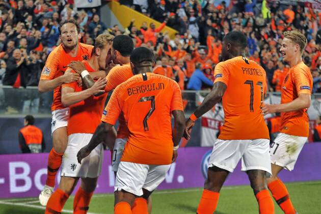 GUIMARAES, 06-06-2019, Estadio D. Afonso Henriques , UEFA Nations League Semi Final. Netherlands celebrating during the game Netherlands - England 3-1. Netherlands - England x3634871x Copyright: