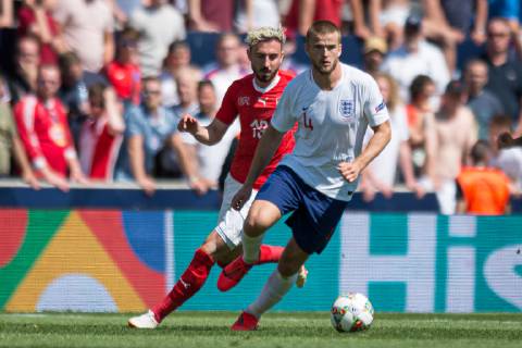Guimaraes, Portugal, 09.06.2019, UEFA Nations League, 3. Platz, Schweiz - England, Josip Drmic (Switzerland) and Eric Dier (England) battle for the ball ( Defodi-09-531-002628