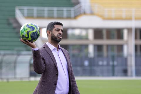 June 21, 2019 - Sao Paulo, Brazil - NASSER AL KHATER, CEO, of FIFA World Cup, WM, Weltmeisterschaft, Fussball Qatar 2022, takes part in a footballing activity with the Supreme Committee for Delivery & Legacy (SC) Generation Amazing programme and a group of kids, at Pacaembu Stadium, in Sao Paulo. Announcement of Cafu as an ambassador for the Qatar World Cup 2022 - ZUMAl146 20190621_zaf_l146_016 Copyright: xPauloxLopesx