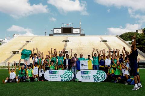 Brazilian former soccer player Cafu (C-R), President of Qatar 2022 World Cup Organizing Committee Nasser Al Khater (C) and other Qatar 2022 representatives participate in an event with youngsters of the Amazing Generation Foundation at the Pacaembu stadium, in Sao Paulo, Brazil, 21 June 2019. Former soccer player Cafu and Qatar 2022 representatives take part in event with Brazilian youngsters !ACHTUNG: NUR REDAKTIONELLE NUTZUNG!  Copyright: xMarceloxChellox AME5614 20190621-636967496302427028