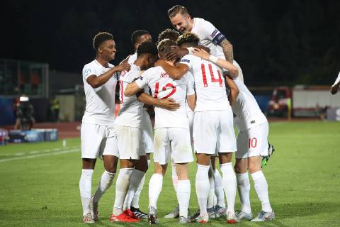 Foto Andrea Rigano LaPresse 24 giugno 2019 San Marino, San Marino calcio Croazia vs Inghilterra - UEFA Europeo Under 21 Italia 2019 Nella foto: Kenny esultanza Foto Andrea Rigano LaPresse June 24, 2019 San Marino, San Marino sport soccer Croatia vs England - UEFA Under 21 Championship Italy 2019 - In the pic: Kenny celebration Copyright: xAndreaxRigano LaPressex