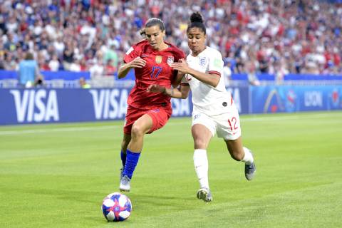 (L-R) Tobin Heath of USA women, Demi Stokes of England women during the FIFA Women s World Cup France 2019 semi final match between England and United States of America at Stade de Lyon on July 02, 2019 in Lyon, France FIFA Women s World Cup France 2019 2018 2019 xVIxVIxImagesx xGerritxvanxKeulenxIVx 14891408