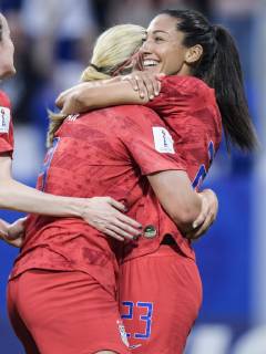 (L-R) Rose Lavelle of USA women, Lindsey Horan of USA women, Christen Press of USA women during the FIFA Women s World Cup France 2019 semi final match between England and United States of America at Stade de Lyon on July 02, 2019 in Lyon, France FIFA Women s World Cup France 2019 2018 2019 xVIxVIxImagesx xGerritxvanxKeulenxIVx 14891414