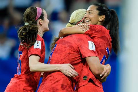 (L-R) Rose Lavelle of USA women, Lindsey Horan of USA women, Christen Press of USA women during the FIFA Women s World Cup France 2019 semi final match between England and United States of America at Stade de Lyon on July 02, 2019 in Lyon, France FIFA Women s World Cup France 2019 2018 2019 xVIxVIxImagesx xGerritxvanxKeulenxIVx 14898065