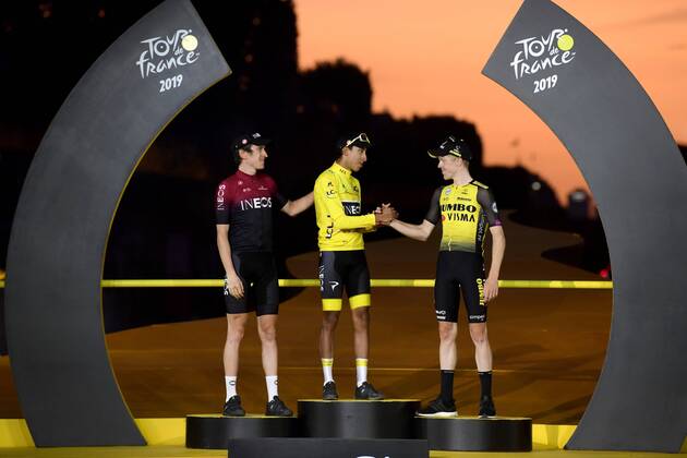PARIS, FRANCE - JULY 28 : BERNAL Egan (COL) of Team INEOS, THOMAS Geraint (GBR) of Team INEOS, KRUIJSWIJK Steven (NED) of Team Jumbo-Visma during stage 21 of the 106th edition of the 2019 Tour de France cycling race, a stage of 128 kms between Rambouillet and Paris Champs-Elysees on July 28, 2019 in Paris, France, 28 07 2019 CYCLISME : Tour de France 2019 - Etape 21 - Rambouillet a Paris Champs-Elysees - 28 07 2019 PhotoNews Panoramic 