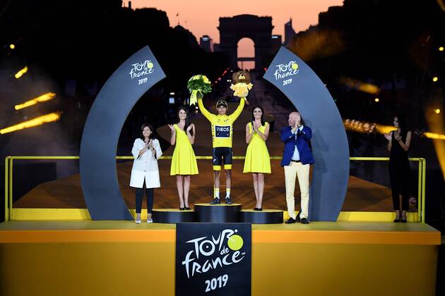Colombian Egan Bernal of Team Ineos celebrates on the podium in the yellow jersey of leader in the overall ranking after the final stage of the 106th edition of the Tour de France cycling race, from Rambouillet to Paris Champs-Elysees (128km), France, Sunday 28 July 2019. This year s Tour de France starts in Brussels and takes place from July 6th to July 28th.  x05635397x