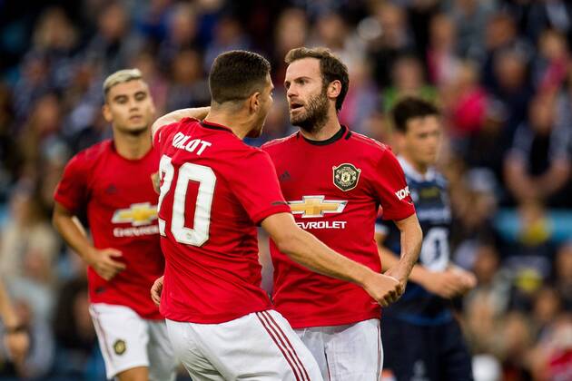 190730 Juan Mata of Manchester United, ManU celebrates with teammates after scoring the 0-1 goal during the friendly match between Kristiansund and Manchester United on July 30, 2019 in Oslo. Photo: Jon Olav Nesvold BILDBYRAN kod JE 160448 bbeng fotboll football fotball kristiansund kbk manchester united jubel Copyright: JONxOLAVxNESVOLD BB190730JE017