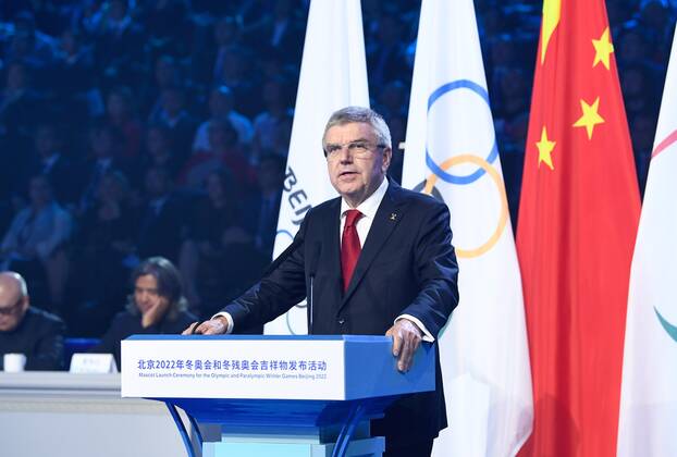 Maskottchen der Olympischen Winterspiele 2022 in Peking präsentiert (190917) -- BEIJING, Sept. 17, 2019 -- International Olympic Committee (IOC) president Thomas Bach addresses the 2022 Beijing Winter Olympic and Paralympic Games mascot launch ceremony in Beijing, capital of China, Sept. 17, 2019. ) (SP)CHINA-BEIJING-2022 WINTER OLYMPIC AND PARALYMPIC GAMES-MASCOTS-LAUNCH (CN) ShenxHong 