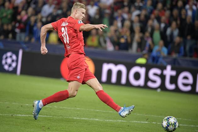 Salzburg s Erling Braut Haland scoring the 2-0 goal during during a game between Austrian club RB Salzburg and Belgian RC Genk, Tuesday 17 September 2019 in Salzburg, Austria, first match in the group stage of the UEFA Champions League. YORICKxJANSENS  x05665958x
